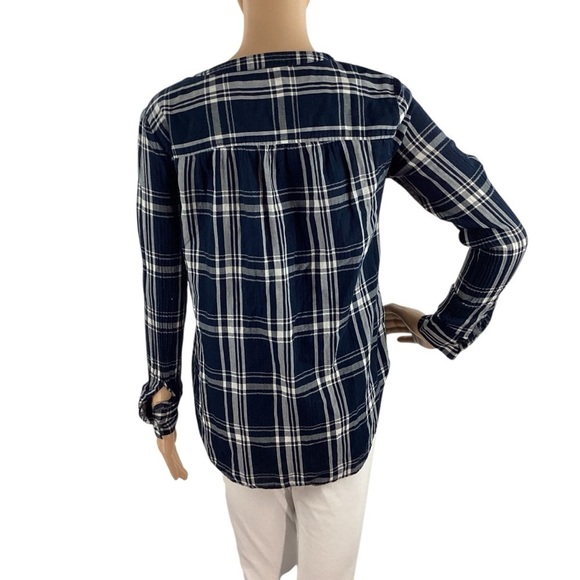 LOFT Navy Plaid Cotton Long Sleeve Tunic Top Size Small - Picture 5 of 7